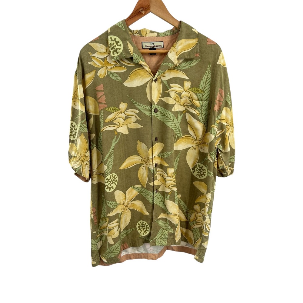 Tommy Bahama Silk Hawaiian Shirt Mens Large Floral Olive Green Aloha Button Up